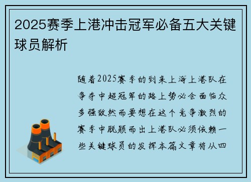 2025赛季上港冲击冠军必备五大关键球员解析