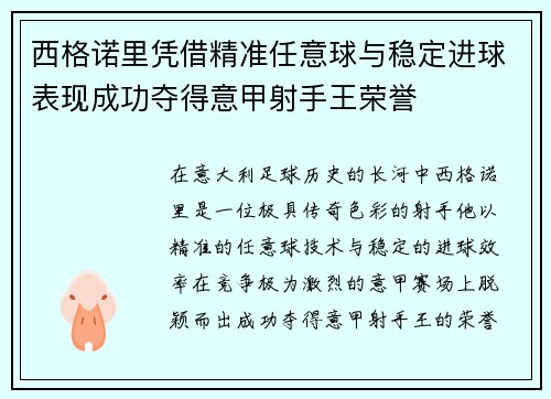 西格诺里凭借精准任意球与稳定进球表现成功夺得意甲射手王荣誉